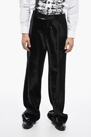 Pantaloni Straight Fit in Paillettes con Dettagli in Seta