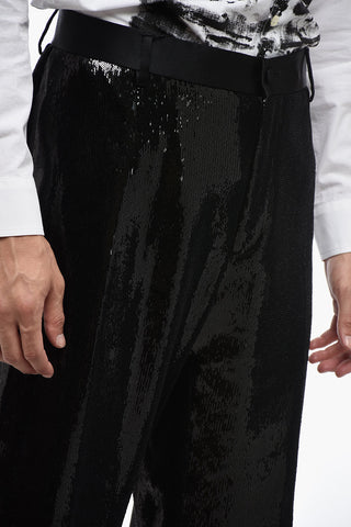 Pantaloni Straight Fit in Paillettes con Dettagli in Seta
