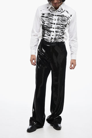 Pantaloni Straight Fit in Paillettes con Dettagli in Seta
