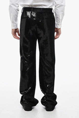 Pantaloni Straight Fit in Paillettes con Dettagli in Seta