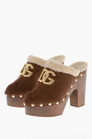 Shearling Mules with Wood Heel 12cm