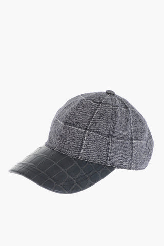 Windowpane Check Cap with Crocodile Effect Leather Details