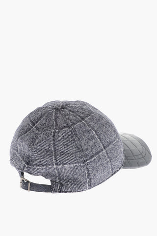 Windowpane Check Cap with Crocodile Effect Leather Details