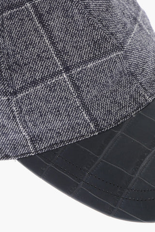 Windowpane Check Cap with Crocodile Effect Leather Details