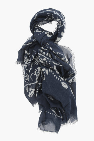 Floral-Printed Foulard with Franges