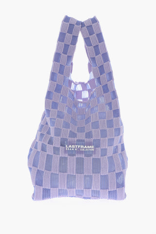 Checked Knitted Tote Bag with Faux Leather Shoulder Strap