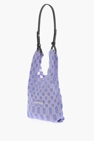 Checked Knitted Tote Bag with Faux Leather Shoulder Strap