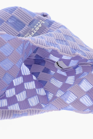 Checked Knitted Tote Bag with Faux Leather Shoulder Strap