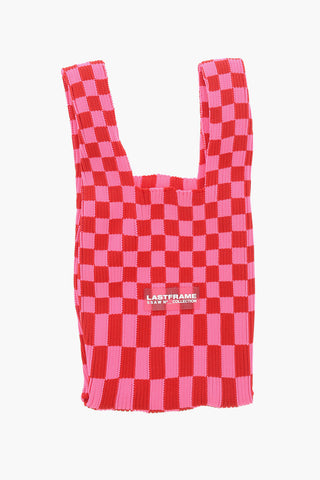 Tote Bag aus kariertem Strick mit veganem Leder-Tragegurt