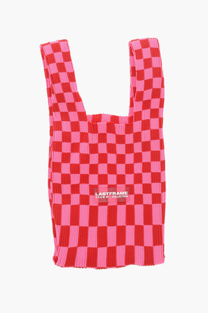Tote Bag aus kariertem Strick mit veganem Leder-Tragegurt