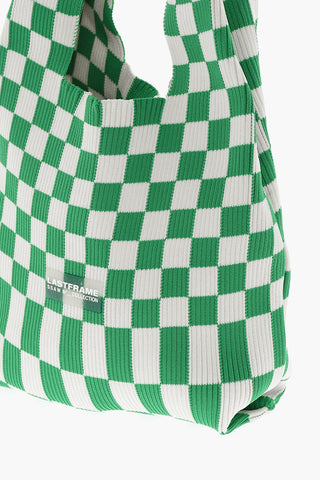 Two-Tone Checked Knitted Tote Bag
