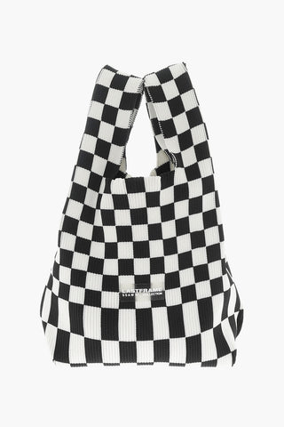 Knitted Checked Tote Bag with Faux Leather Shoulder Strap