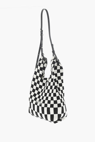Knitted Checked Tote Bag with Faux Leather Shoulder Strap
