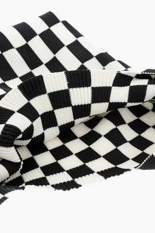 Knitted Checked Tote Bag with Faux Leather Shoulder Strap