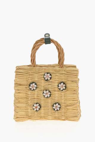Solid Color SHELLA Mini Basket Bag with Floral-Embroideries