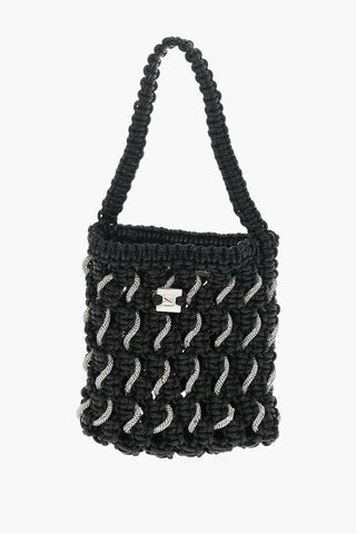 Solid Color Shoulder Bag with Braided Design and Rhinestone Decoration