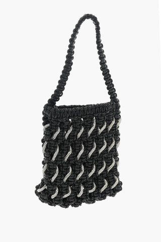 Borsa a Spalla in Tinta Unita con Design Intrecciato e Decorazione Strass