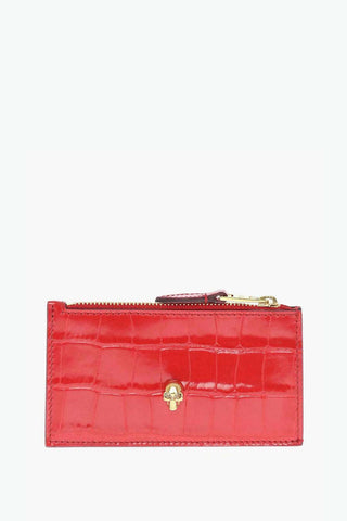 Crocodile Effect Leather Card Holder with Golden Skull