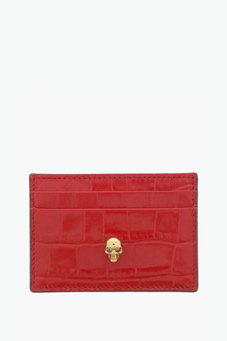 Crocodile Effect Leather Card Holder with Golden Skull