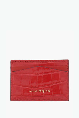 Crocodile Effect Leather Card Holder with Golden Skull