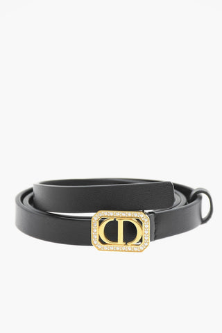 Solid Color Leather Belt with Rhinestone Embellished Buckle 15mm