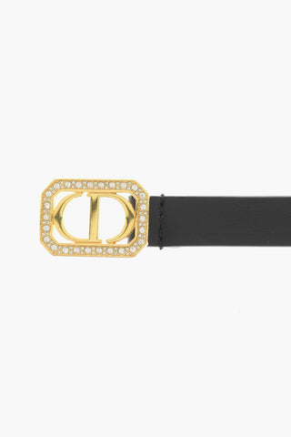 Solid Color Leather Belt with Rhinestone Embellished Buckle 15mm