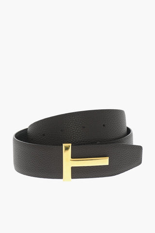 Textured Leather Reversible Belt with Golden Details