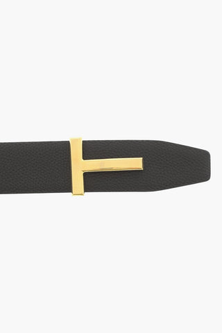 Textured Leather Reversible Belt with Golden Details