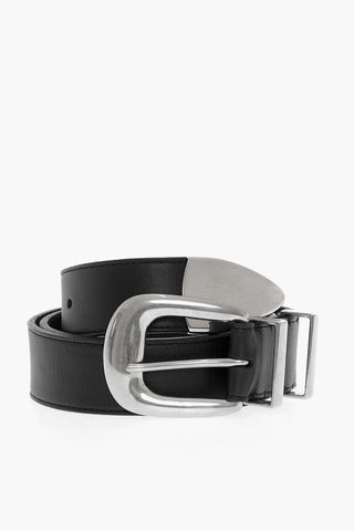 Solid Color Leather Belt with Silver-Tone Buckle 35mm