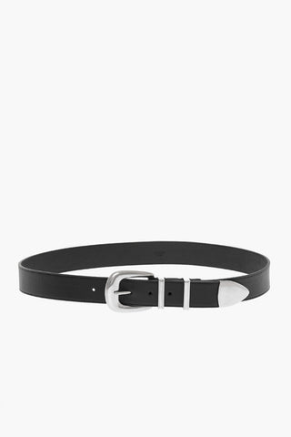 Solid Color Leather Belt with Silver-Tone Buckle 35mm