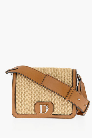 Leather and Raffia Crossbody Bag with Silver-Tone Logo