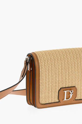 Leather and Raffia Crossbody Bag with Silver-Tone Logo