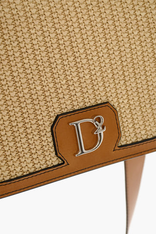 Leather and Raffia Crossbody Bag with Silver-Tone Logo