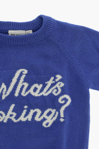 Solid Color Cotton and Wool Crew-neck Sweater with Frontal Embroidery