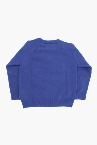 Solid Color Cotton and Wool Crew-neck Sweater with Frontal Embroidery