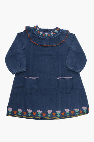 Long Sleeved Lightweight Denim Dress with Embroideries