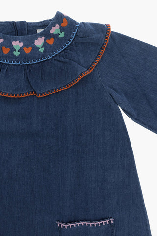 Long Sleeved Lightweight Denim Dress with Embroideries