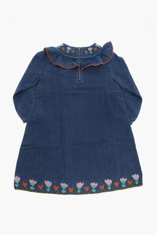 Long Sleeved Lightweight Denim Dress with Embroideries