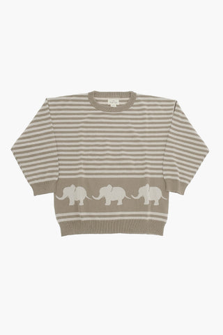 Striped Organic Cotton Crewneck LOUI Sweater with Elephant Embroideries