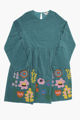 Vestito Girocollo in Velour a Coste a Maniche Lunghe con Ricami
