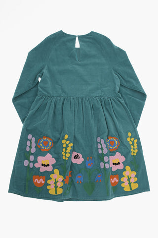 Vestito Girocollo in Velour a Coste a Maniche Lunghe con Ricami