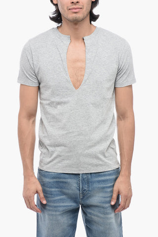 Cotton T-Shirt with Raw-cut V Neck