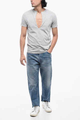 Cotton T-Shirt with Raw-cut V Neck