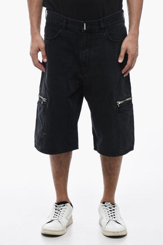 Denim Cargo Shorts with Logoed Zips