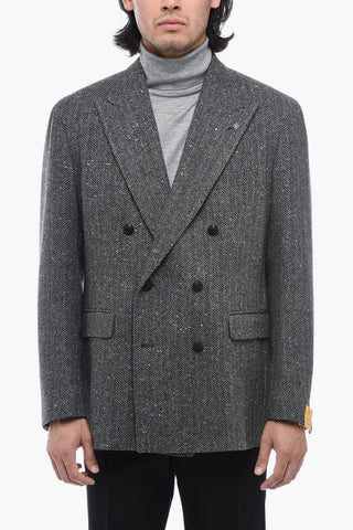 Herringboned Tweed Blazer with Peak Lapel