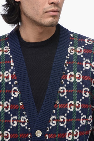 Monogram Patterned Wool Cardigan with Studded Details