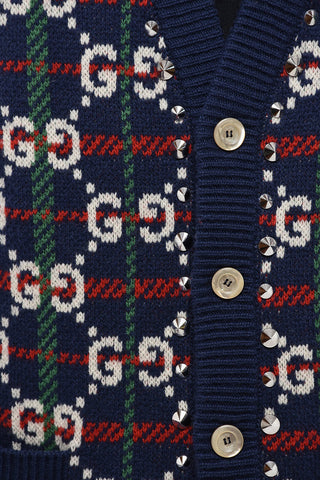 Monogram Patterned Wool Cardigan with Studded Details