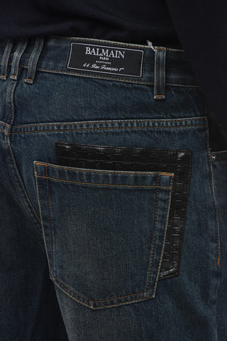 Dark Wash Cropped Fit Denims with Eco-leather Details 17cm