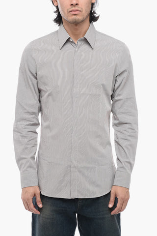 Camicia Gessata in Popeline di Cotone con Collo Francese