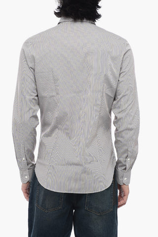 Camicia Gessata in Popeline di Cotone con Collo Francese